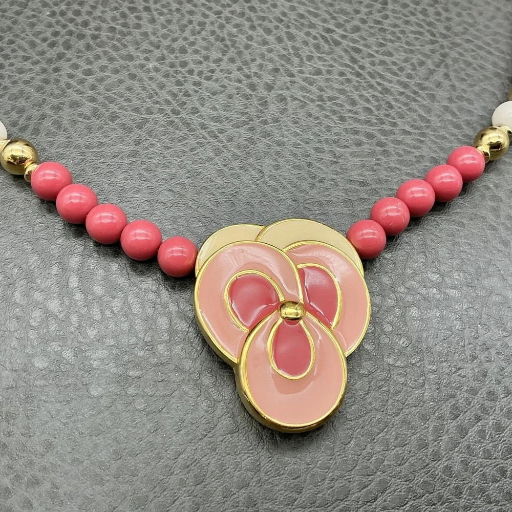 Napier Necklace Pink Beaded Flower Pendant‎ Gold Tone 22 In Womens Statement